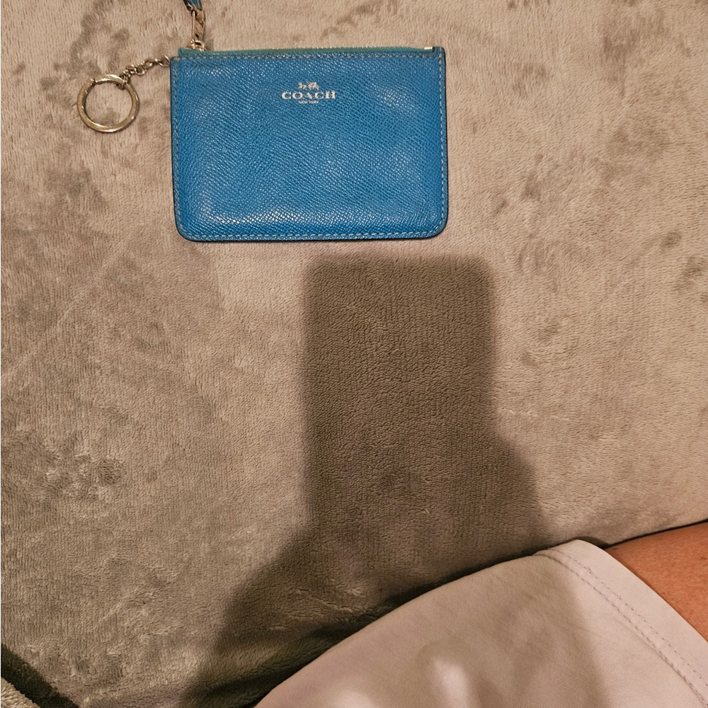 Coach Turquoise Blue Leather Zip Card Case with Key Ring